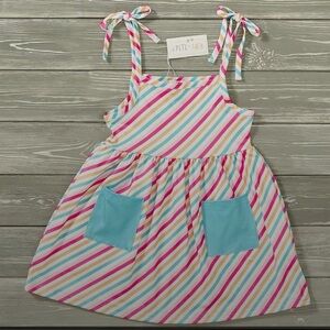 Pete + Lucy Blue & Yellow Striped Dress Top, with front pockets, Size 6.